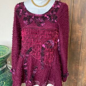 Unique long sleeve pullover top various embellishments size medium